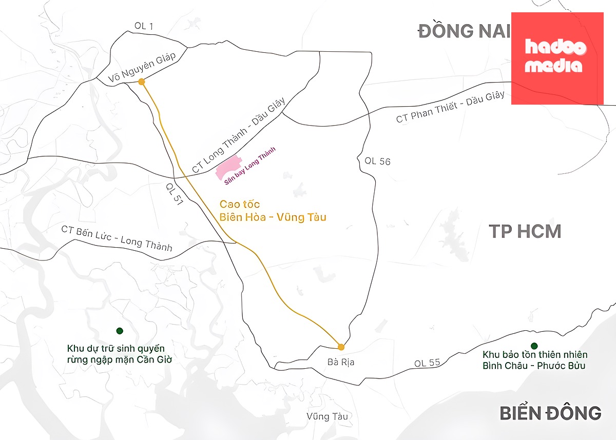 Hướng tuyến cao tốc Biên Hoà - Vũng Tàu và cao tốc TP HCM - Long Thành - Dầu Giây. Đồ hoạ: Hoàng Thanh