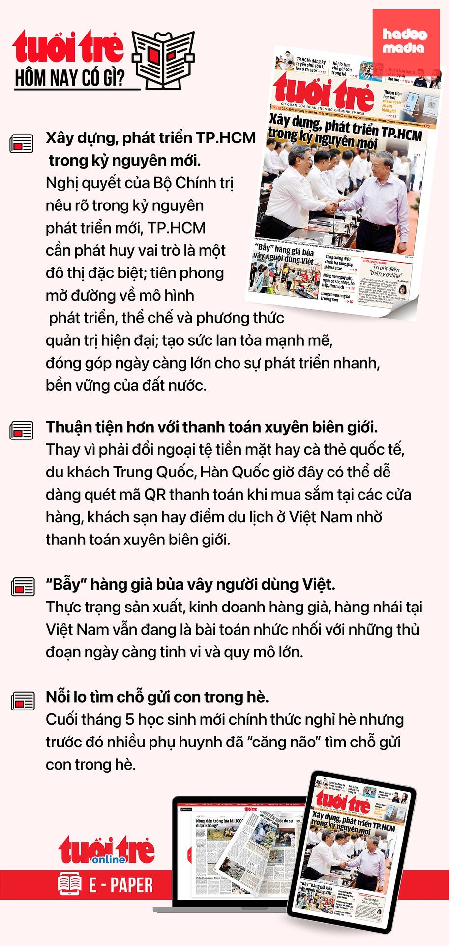 Tin tức chính trên Tuổi Trẻ nhật báo hôm nay 26-5. Để đọc Tuổi Trẻ báo in phiên bản E-paper, mời bạn đăng ký Tuổi Trẻ Sao TẠI ĐÂY