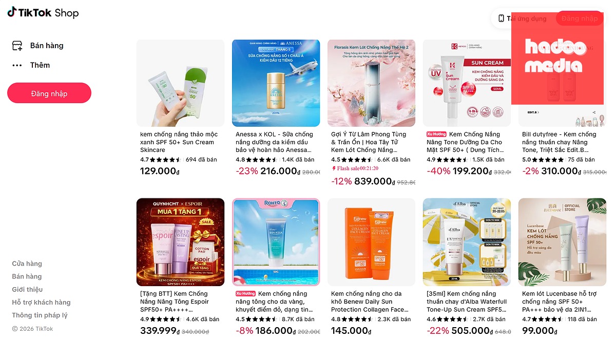 Sản phẩm Kem chống nắng trên Tiktok Shop với đa dạng các mức giá.