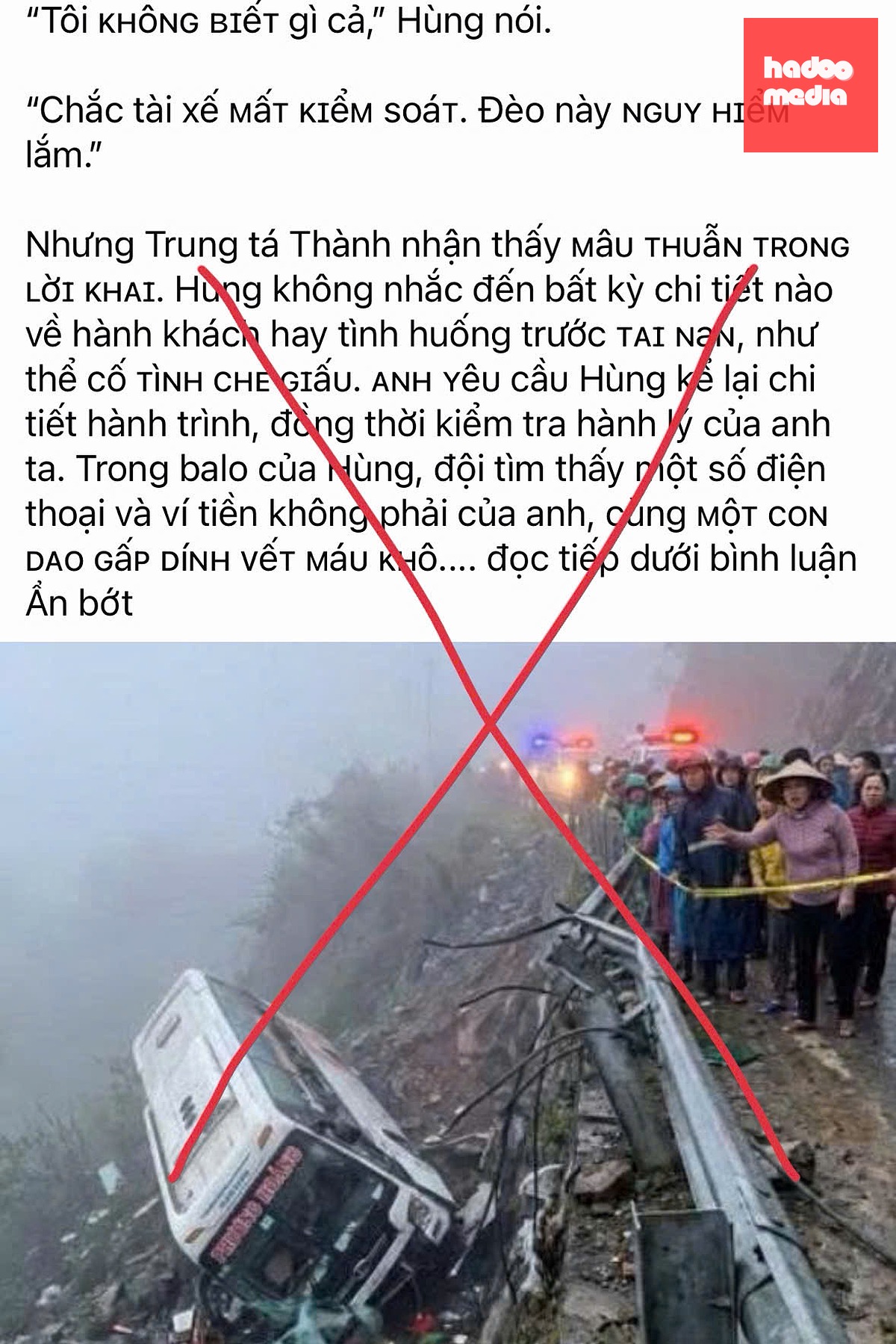 Thông tin xe khách lật trên đèo Phượng Hoàng làm 18 người chết là tin giả - Ảnh chụp màn hình