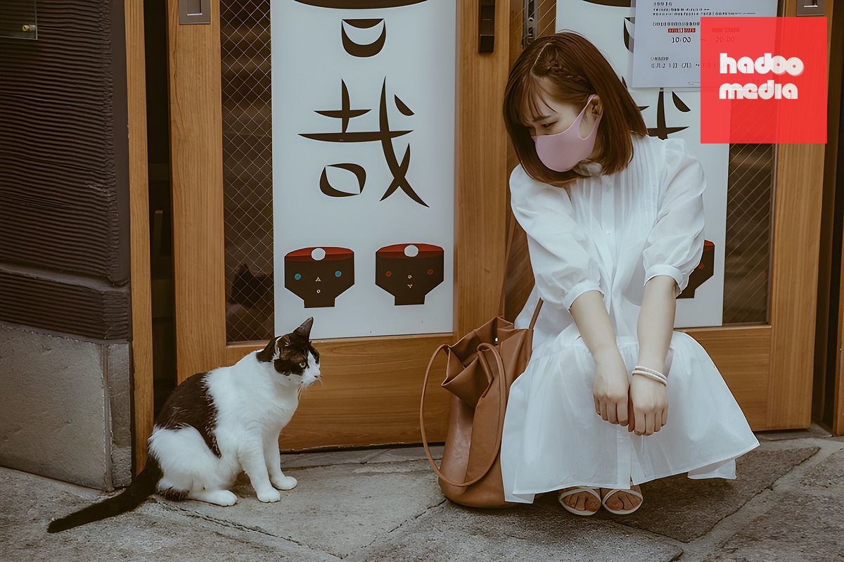 Du khách chụp ảnh cùng mèo trước một cửa hàng ở Nhật Bản. Ảnh: Pexels