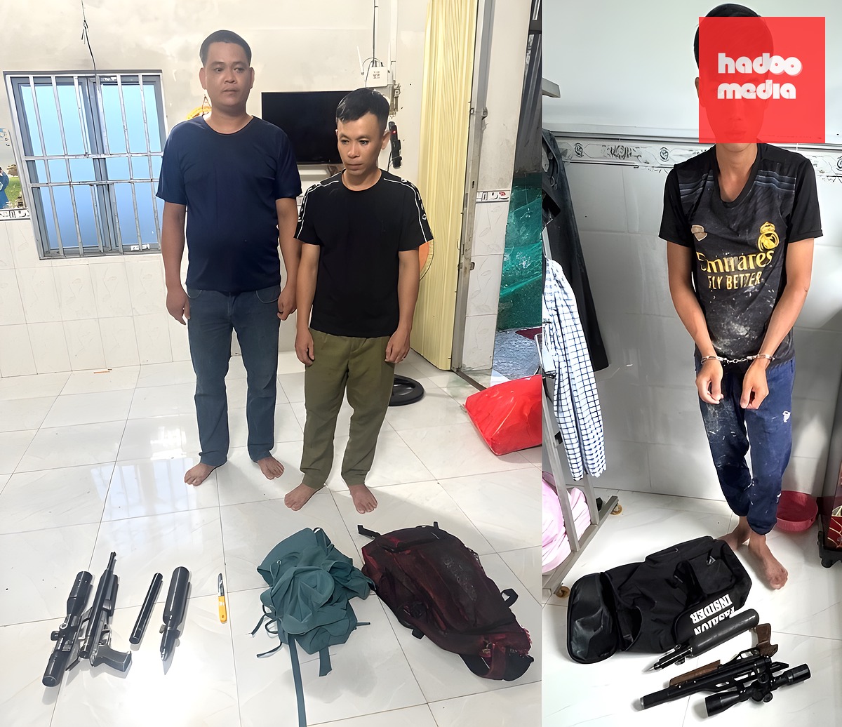 Đỗ Khắc Trường, Đỗ Khắc Cường và Nguyễn Tấn Bền đến công an đầu thú, giao nộp công cụ săn bắt. Ảnh: Dương Đông