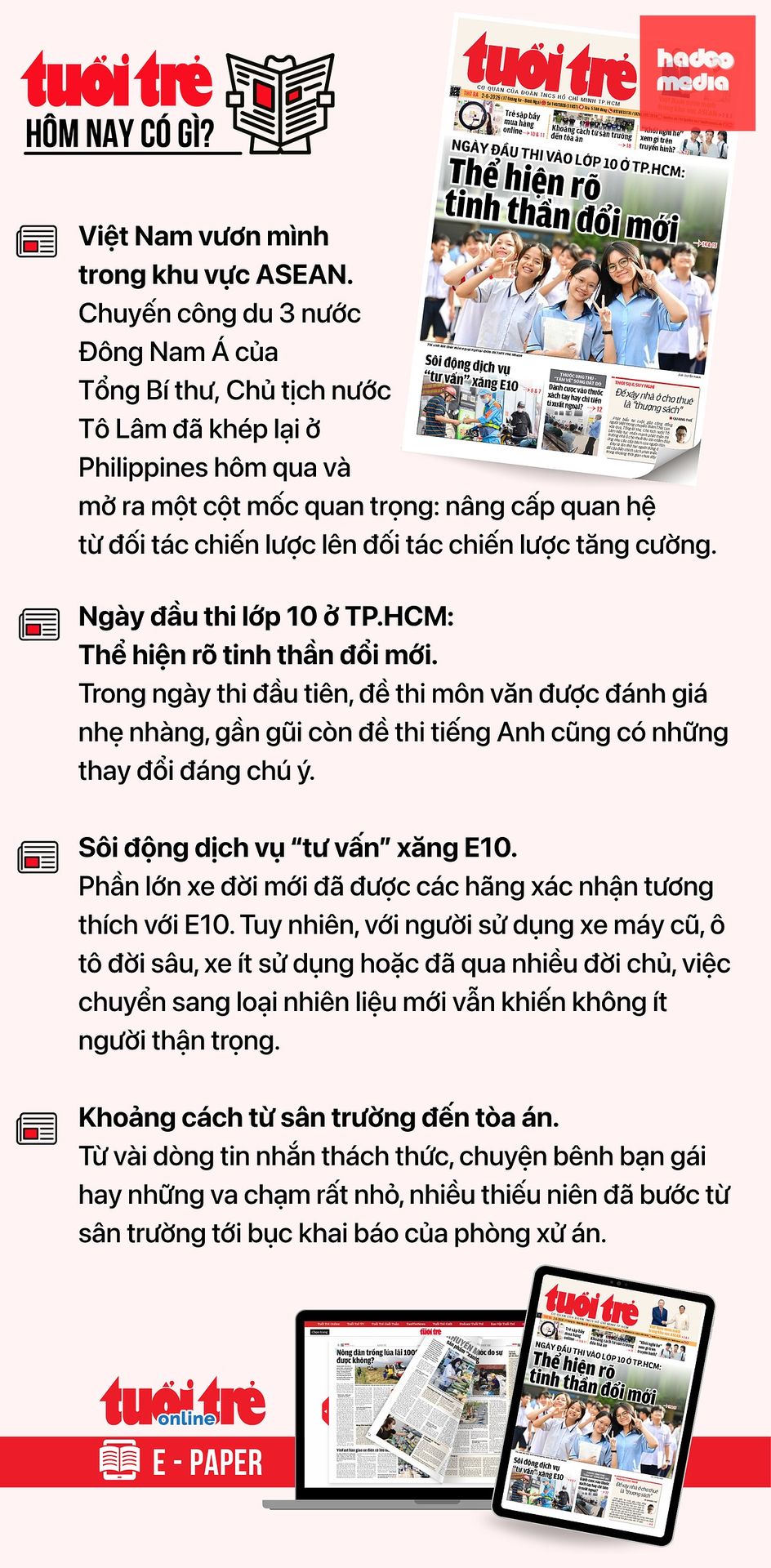 Tin tức đáng chú ý trên Tuổi Trẻ nhật báo ngày 2-6. Để đọc Tuổi Trẻ báo in phiên bản E-paper, mời bạn đăng ký Tuổi Trẻ Sao TẠI ĐÂY