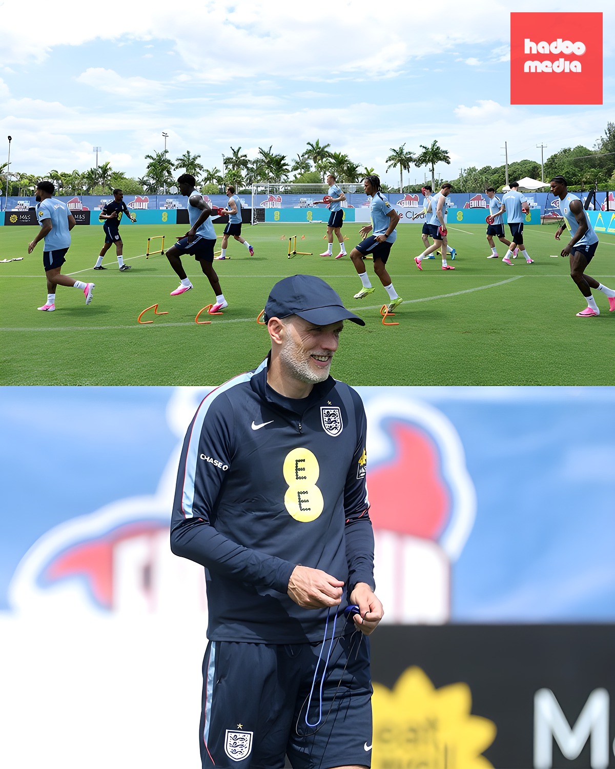 HLV Tuchel mang áo dài tay dưới cái nóng 32 độ C.