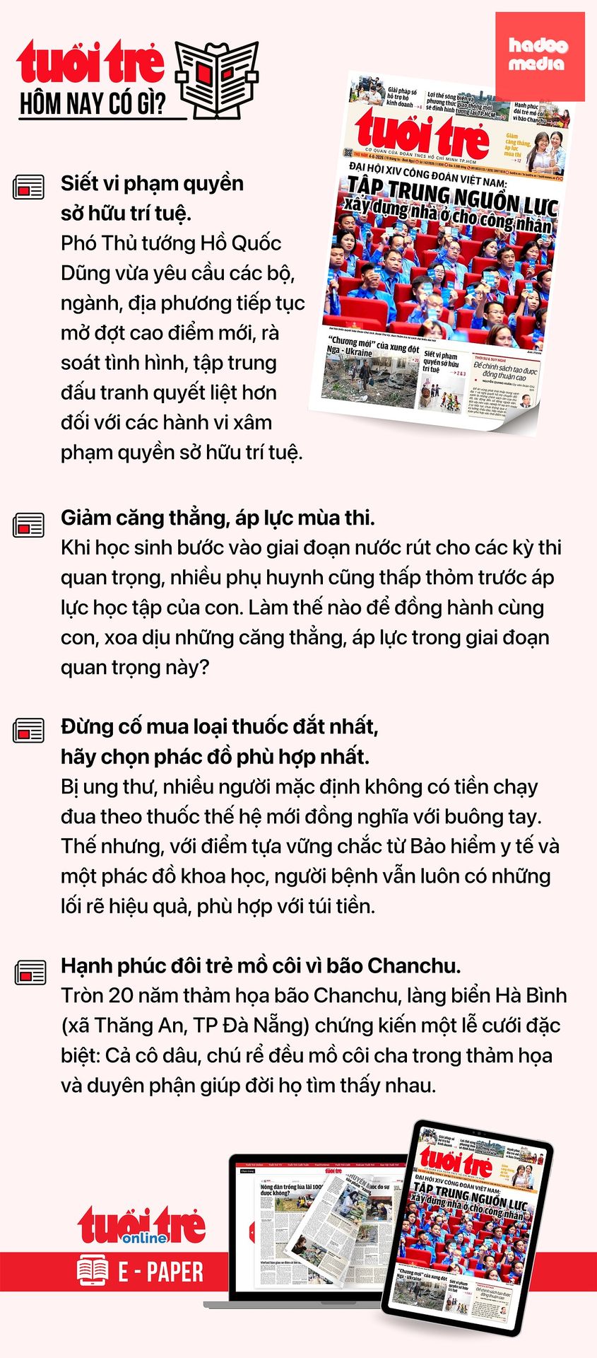 Tin tức chính trên Tuổi Trẻ nhật báo hôm nay 4-6. Để đọc Tuổi Trẻ báo in phiên bản E-paper, mời bạn đăng ký Tuổi Trẻ Sao TẠI ĐÂY