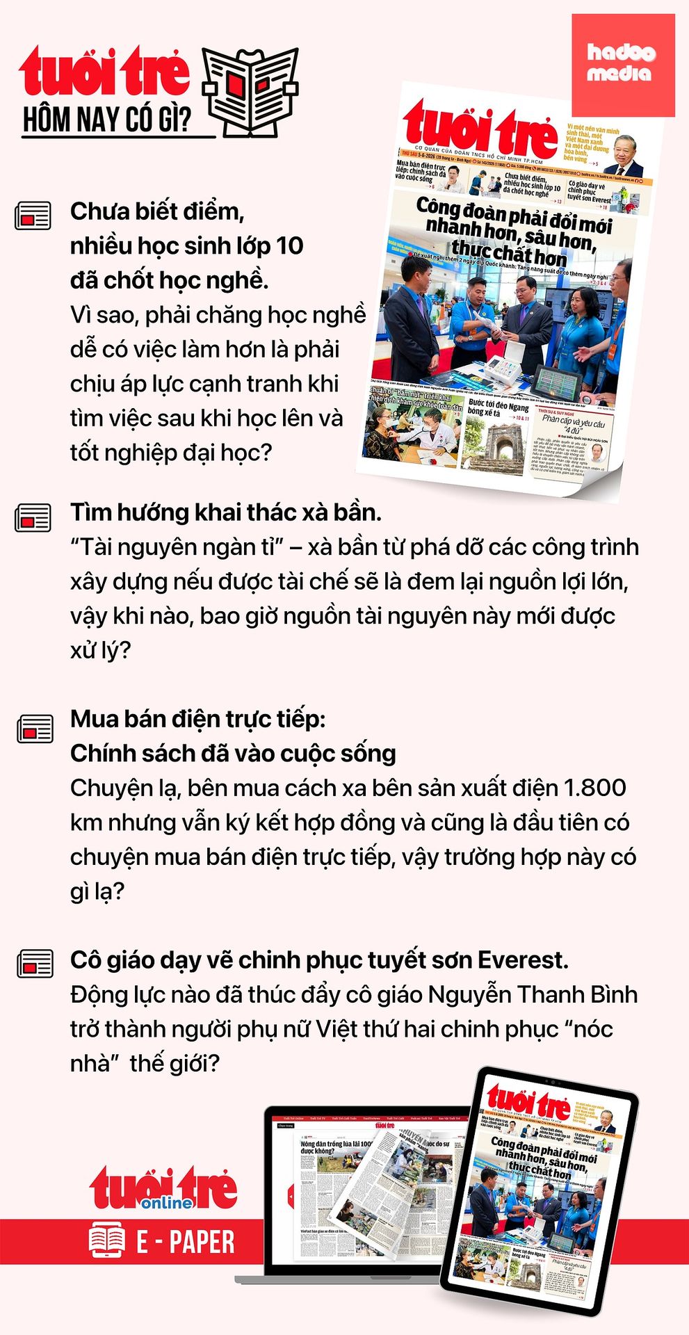 Tin tức đáng chú ý trên Tuổi Trẻ nhật báo ngày 5-6. Để đọc Tuổi Trẻ báo in phiên bản E-paper, mời bạn đăng ký Tuổi Trẻ Sao TẠI ĐÂY