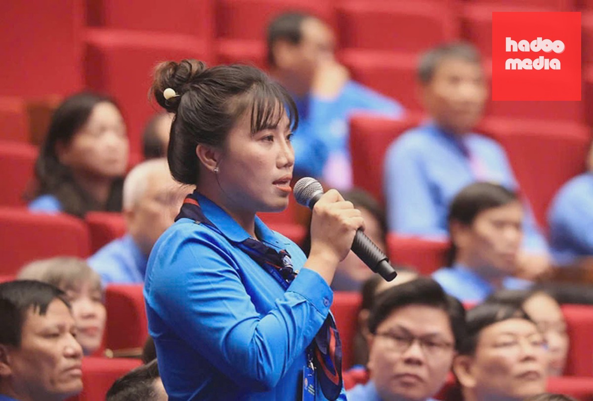 Bà Nguyễn Thị Mai Chi, Chủ tịch Công đoàn cơ sở Công ty NewApparel Far Eastern, kiến nghị về tiền lương đủ sống. Ảnh: Nguyễn Hải