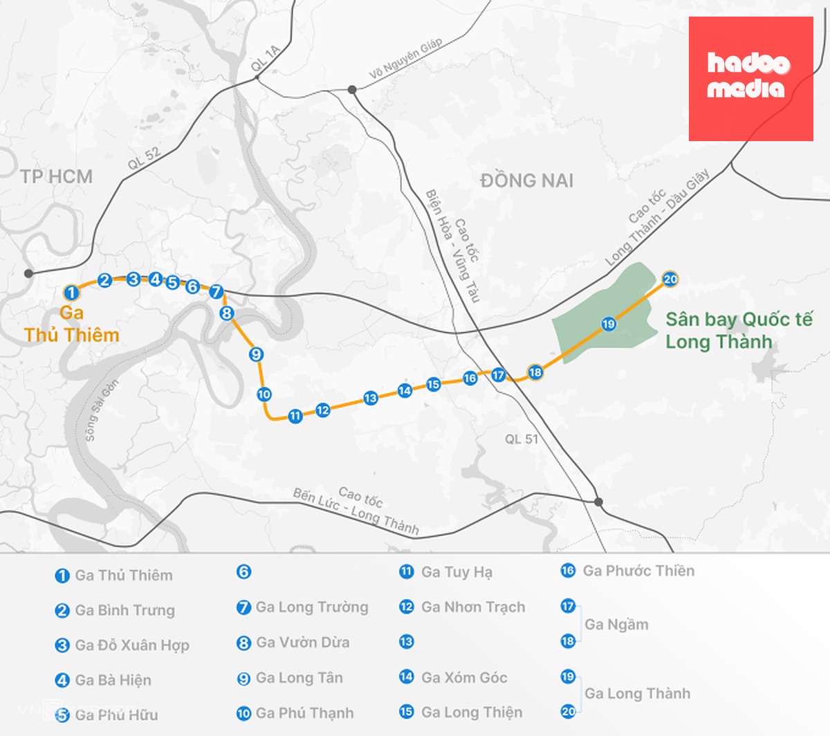 Hướng tuyến đường sắt Thủ Thiêm - Long Thành và các ga. Đồ họa: Hoàng Thanh