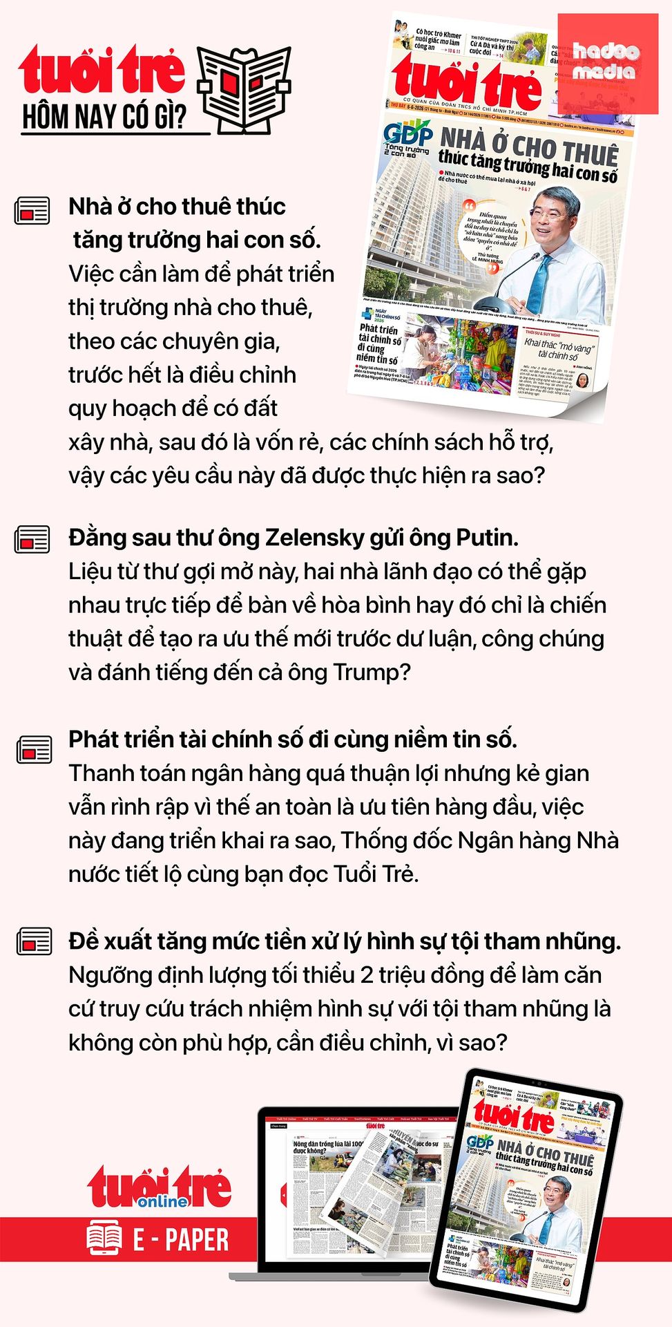 Tin tức chính trên Tuổi Trẻ nhật báo hôm nay 6-6. Để đọc Tuổi Trẻ báo in phiên bản E-paper, mời bạn đăng ký Tuổi Trẻ Sao TẠI ĐÂY