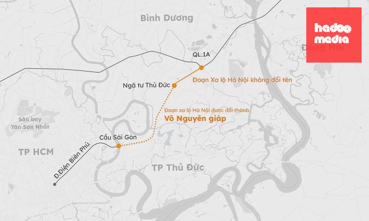 Hướng tuyến xa lộ Hà Nội và phân đoạn sau khi đổi tên. Đồ họa: Khánh Hoàng