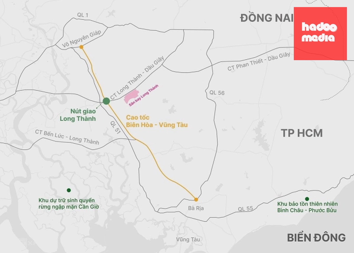 Vị trí nút giao Long Thành và hướng tuyến cao tốc Biên Hòa - Vũng Tàu, TP HCM - Long Thành - Dầu Giây. Đồ họa: Hoàng Thanh