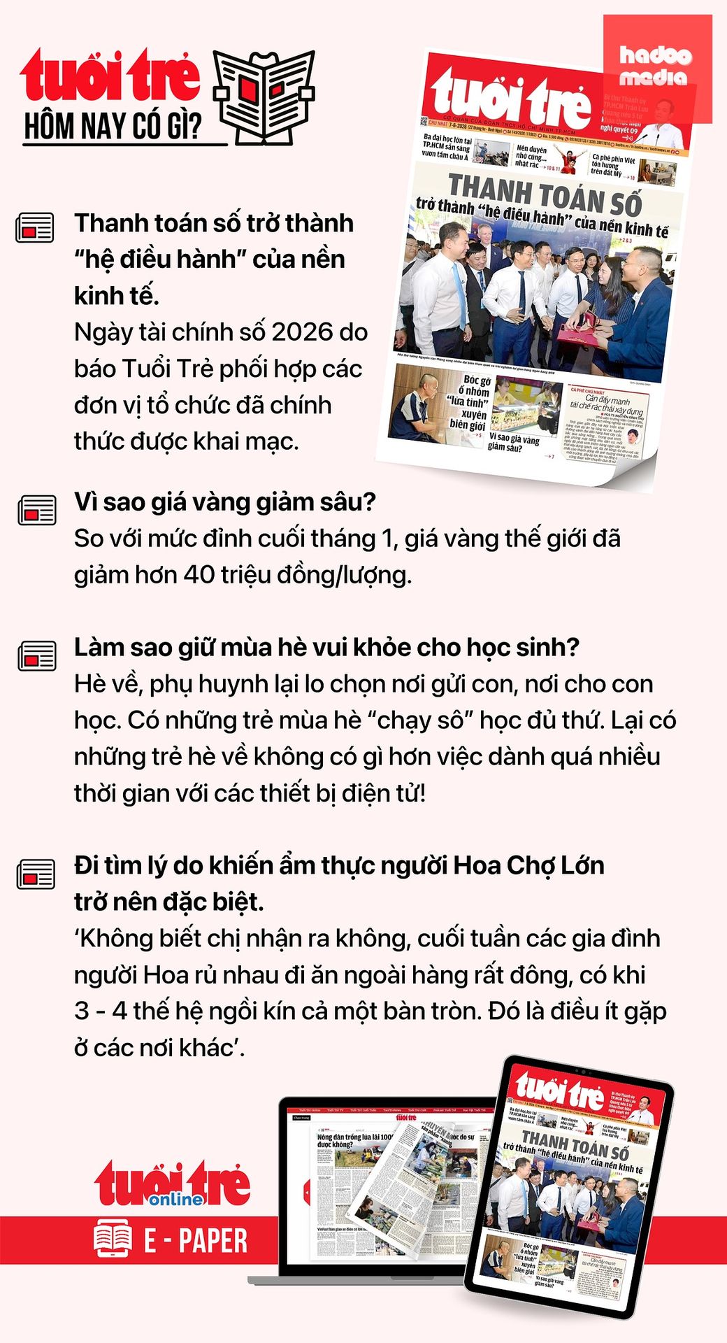 Tin tức chính trên Tuổi Trẻ nhật báo hôm nay 7-6. Để đọc Tuổi Trẻ báo in phiên bản E-paper, mời bạn đăng ký Tuổi Trẻ Sao TẠI ĐÂY
