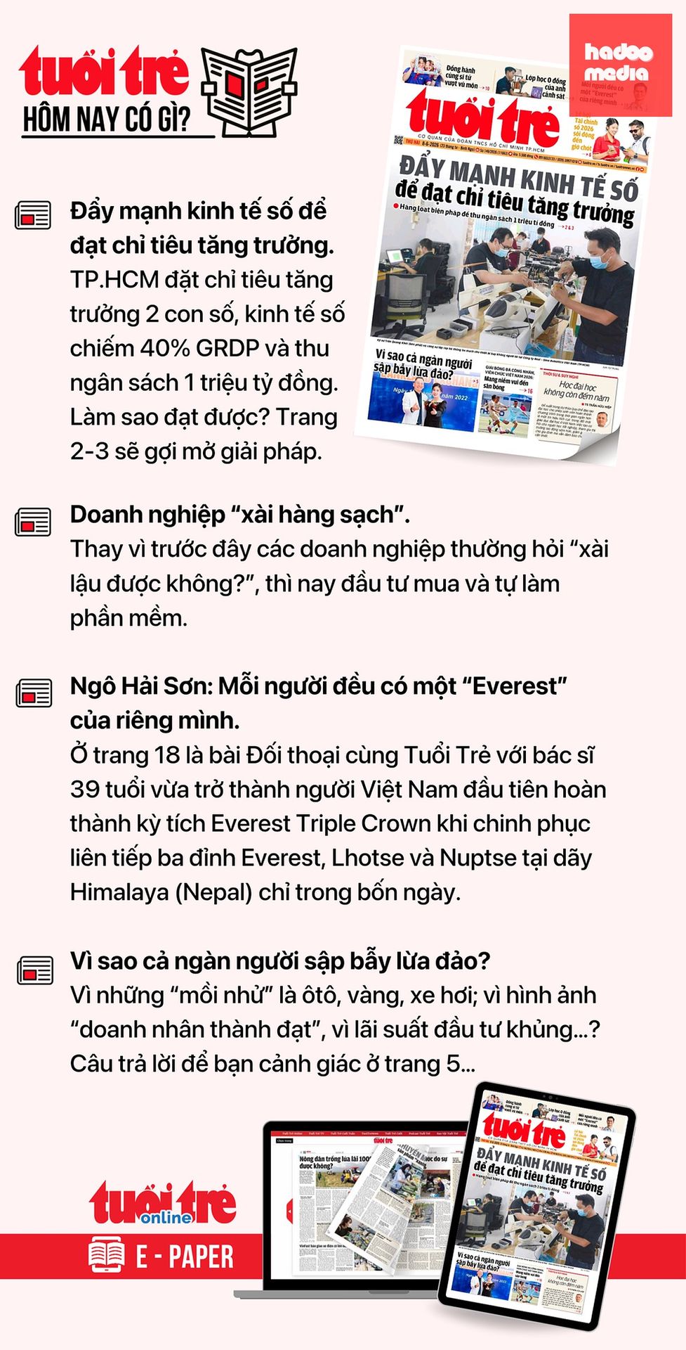 Tin tức chính trên Tuổi Trẻ nhật báo hôm nay 8-6. Để đọc Tuổi Trẻ báo in phiên bản E-paper, mời bạn đăng ký Tuổi Trẻ Sao TẠI ĐÂY
