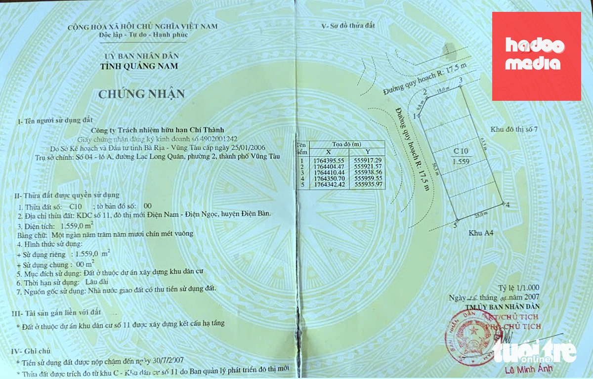 Sổ đỏ lô đất mà ông Thiện đã bỏ tiền ra mua - Ảnh: ĐOÀN CƯỜNG