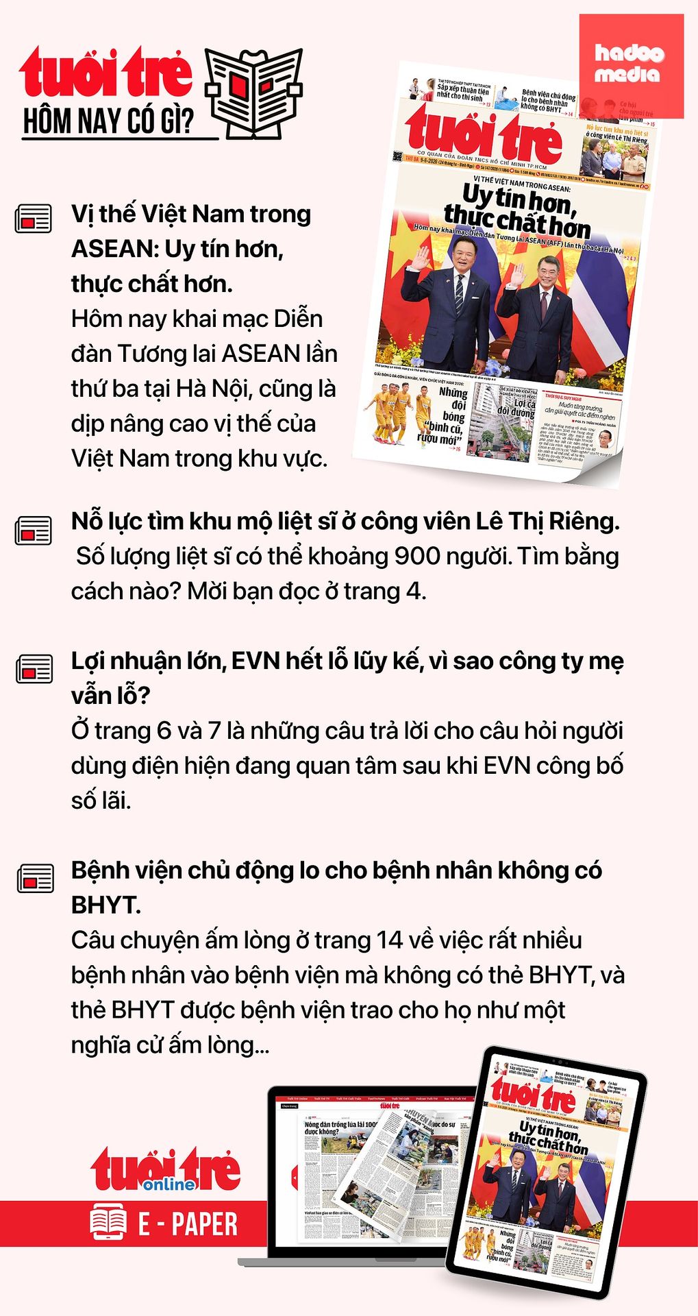 Tin tức chính trên Tuổi Trẻ nhật báo hôm nay 9-6. Để đọc Tuổi Trẻ báo in phiên bản E-paper, mời bạn đăng ký Tuổi Trẻ Sao TẠI ĐÂY