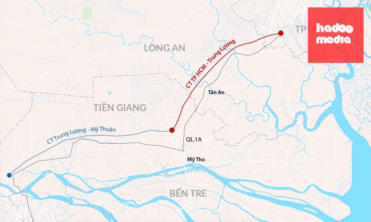 Hướng tuyến cao tốc TP HCM - Trung Lương - Mỹ Thuận. Đồ họa: Đăng Hiếu