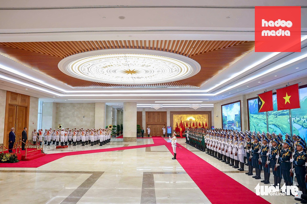 Quang cảnh lễ đón Thủ tướng Timor-Leste tại Trụ sở Chính phủ - Ảnh: NGUYỄN KHÁNH