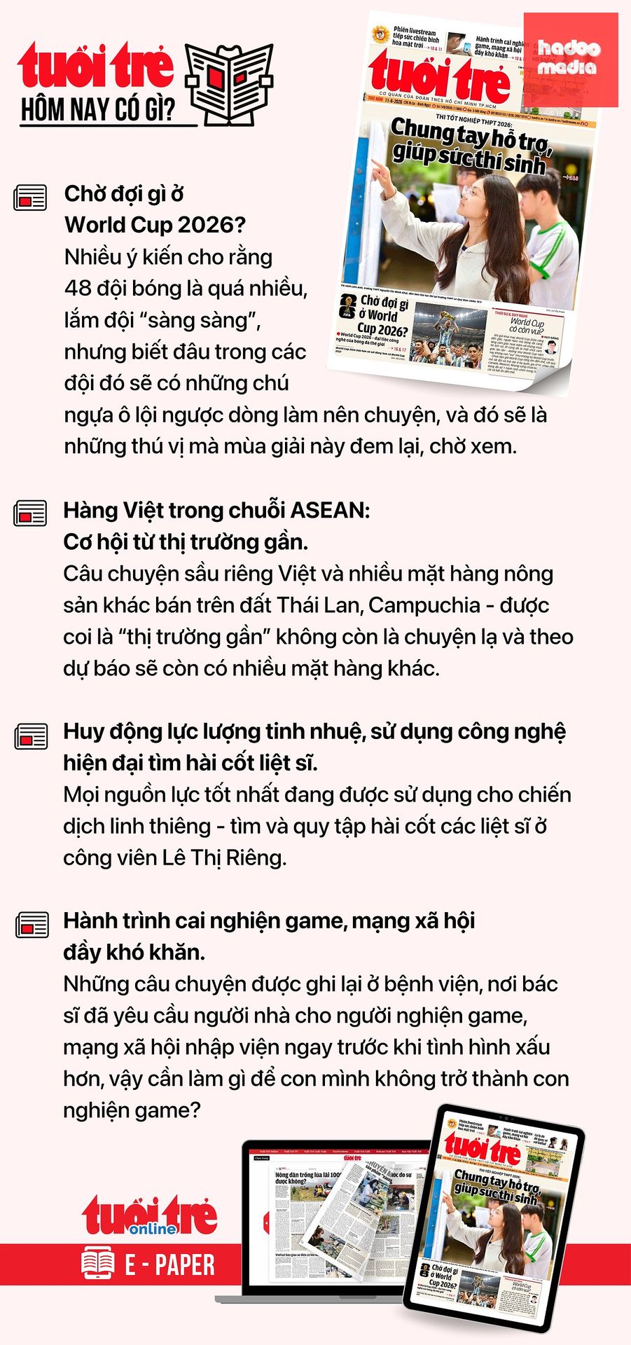 Tin tức chính trên Tuổi Trẻ nhật báo hôm nay 11-6. Để đọc Tuổi Trẻ báo in phiên bản E-paper, mời bạn đăng ký Tuổi Trẻ Sao TẠI ĐÂY