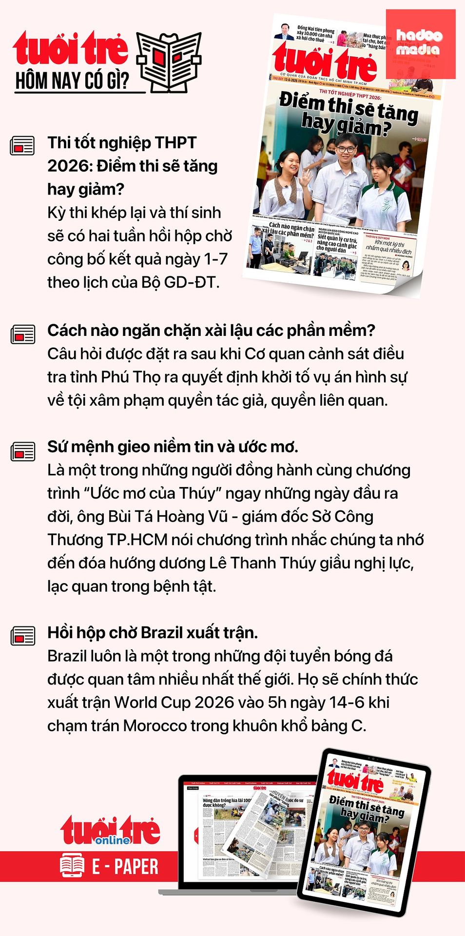 Tin tức chính trên Tuổi Trẻ nhật báo hôm nay 13-6. Để đọc Tuổi Trẻ báo in phiên bản E-paper, mời bạn đăng ký Tuổi Trẻ Sao TẠI ĐÂY