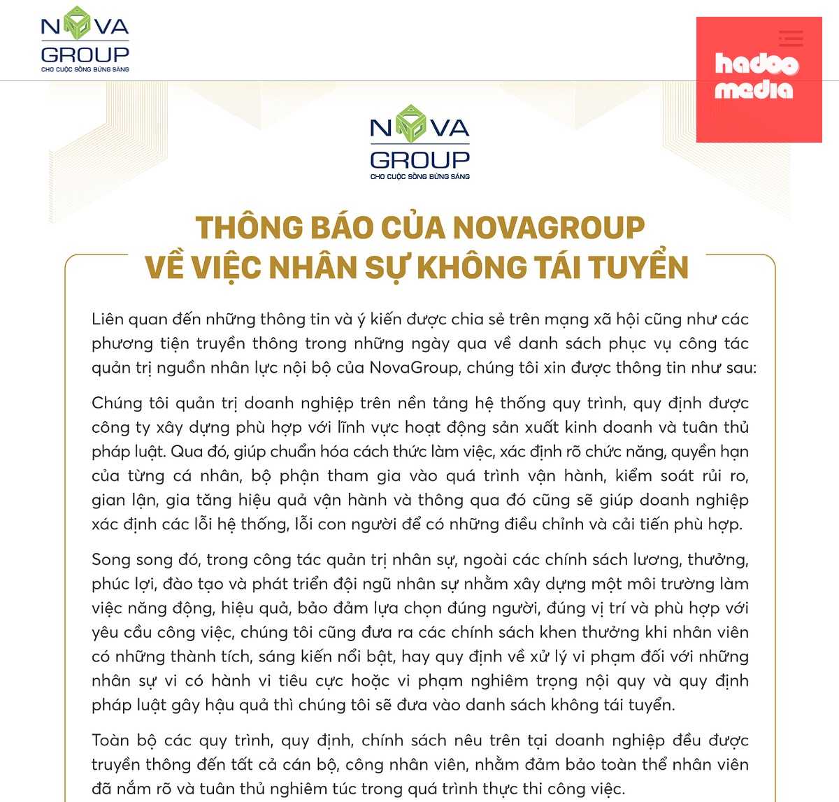 Một phần trong thông báo mới nhất của NovaGroup liên quan đến danh sách nhân sự không tái tuyển
