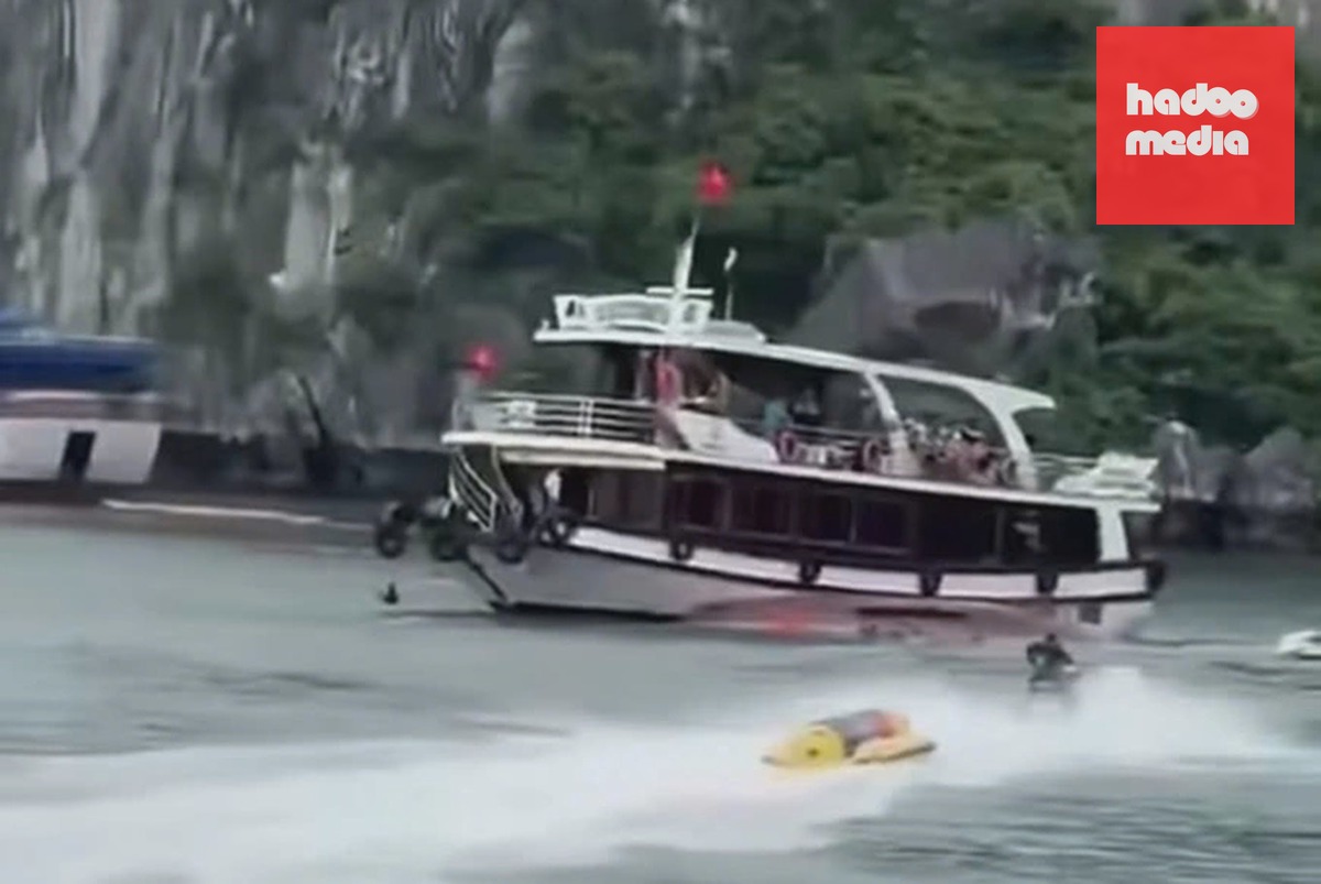 Hiện trường vụ hai thuyền du lịch đâm va khiến 10 du khách rơi xuống biển. Ảnh: Chụp từ video do người dân cung cấp.