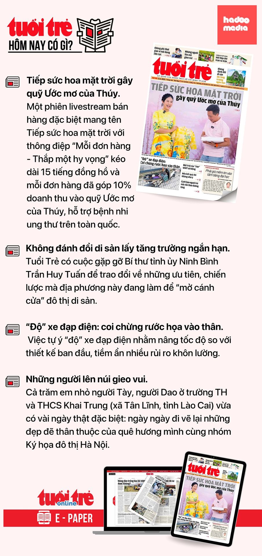 Tin tức chính trên Tuổi Trẻ nhật báo hôm nay 15-6. Để đọc Tuổi Trẻ báo in phiên bản E-paper, mời bạn đăng ký Tuổi Trẻ Sao TẠI ĐÂY