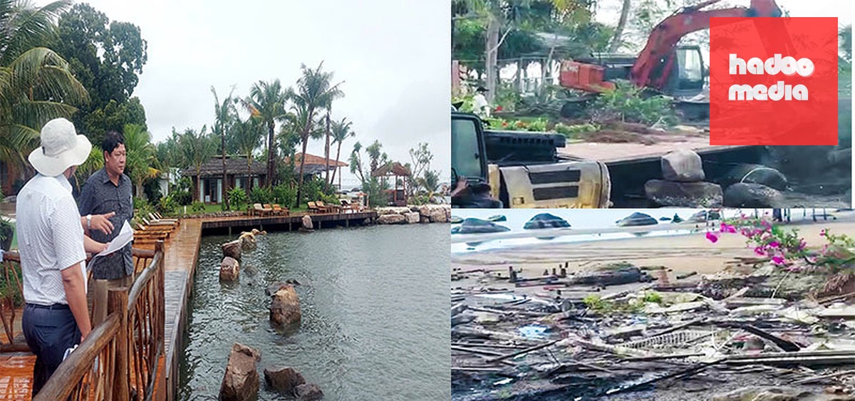 Chính quyền tỉnh Kiên Giang cũ (nay là tỉnh An Giang) trước đó đi kiểm tra khu vực 9 căn bungalow xây dựng trái phép ở Hàm Ninh (bìa trái). Hôm nay (ngày 15-6) lực lượng chức năng tiến hành tháo dỡ các công trình vi phạm trên (bìa phải) - Ảnh: CHÍ CÔNG