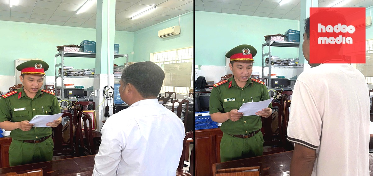 Ông Danh Ngân và Cường tại cơ quan công an - Ảnh: HOÀNG ĐÔ