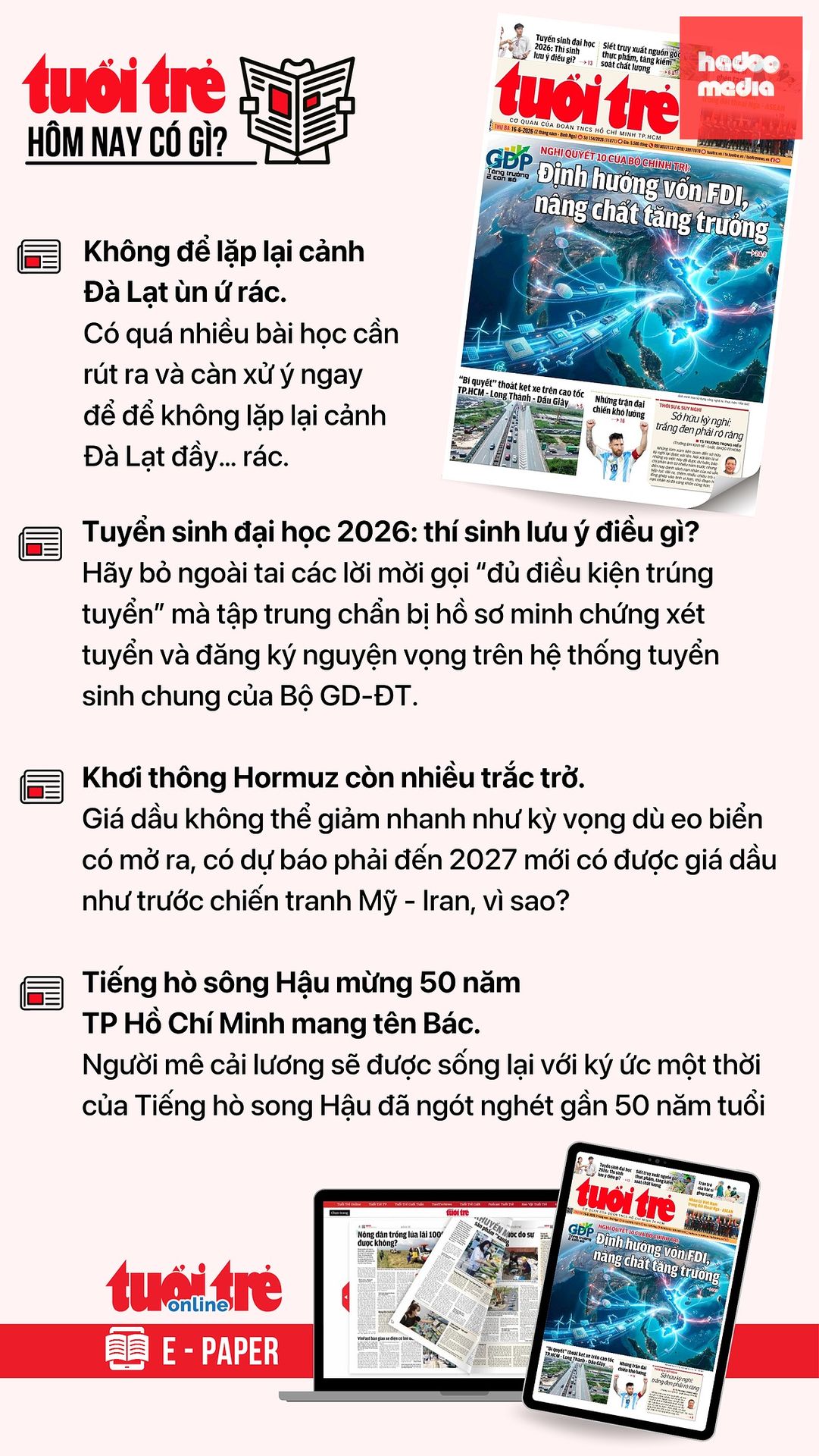 Tin tức chính trên Tuổi Trẻ nhật báo hôm nay 16-6. Để đọc Tuổi Trẻ báo in phiên bản E-paper, mời bạn đăng ký Tuổi Trẻ Sao TẠI ĐÂY