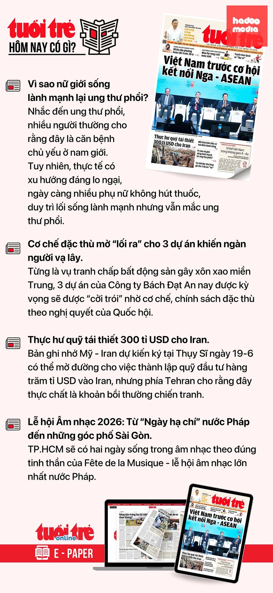 Tin tức chính trên Tuổi Trẻ nhật báo hôm nay 18-6. Để đọc Tuổi Trẻ báo in phiên bản E-paper, mời bạn đăng ký Tuổi Trẻ Sao TẠI ĐÂY