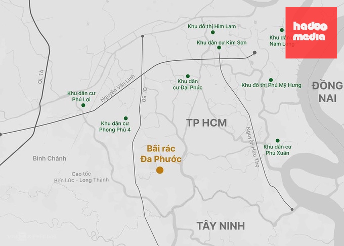Vị trí bãi chôn lấp rác Đa Phước. Đồ họa: Hoàng Thanh