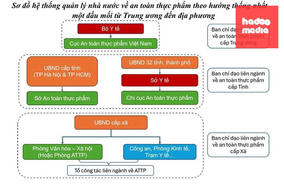 Dự kiến cơ cấu quản lý an toàn thực phẩm từ Trung ương đến địa phương theo Đề án của Bộ Y tế. Ảnh: Bộ Y tế