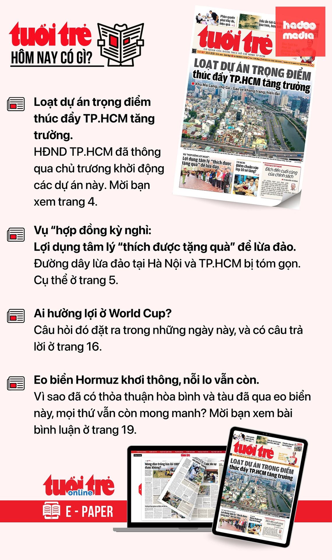Tin tức chính trên Tuổi Trẻ nhật báo hôm nay 20-6. Để đọc Tuổi Trẻ báo in phiên bản E-paper, mời bạn đăng ký Tuổi Trẻ Sao TẠI ĐÂY