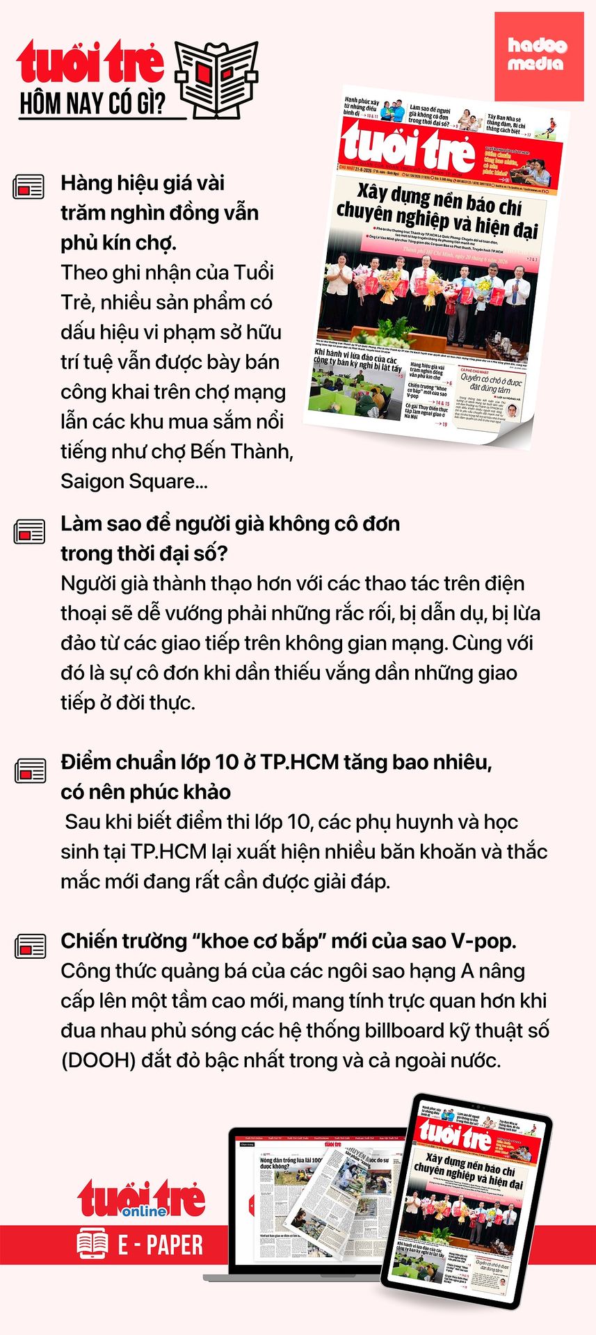 Tin tức chính trên Tuổi Trẻ nhật báo hôm nay 21-6. Để đọc Tuổi Trẻ báo in phiên bản E-paper, mời bạn đăng ký Tuổi Trẻ Sao TẠI ĐÂY