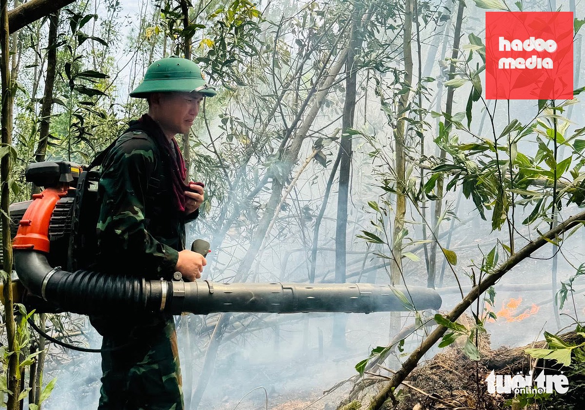 Gió phơn Tây Nam thổi mạnh kèm thảm thực bì dày khiến công tác chữa cháy gặp nhiều khó khăn - Ảnh: DOÃN HÒA