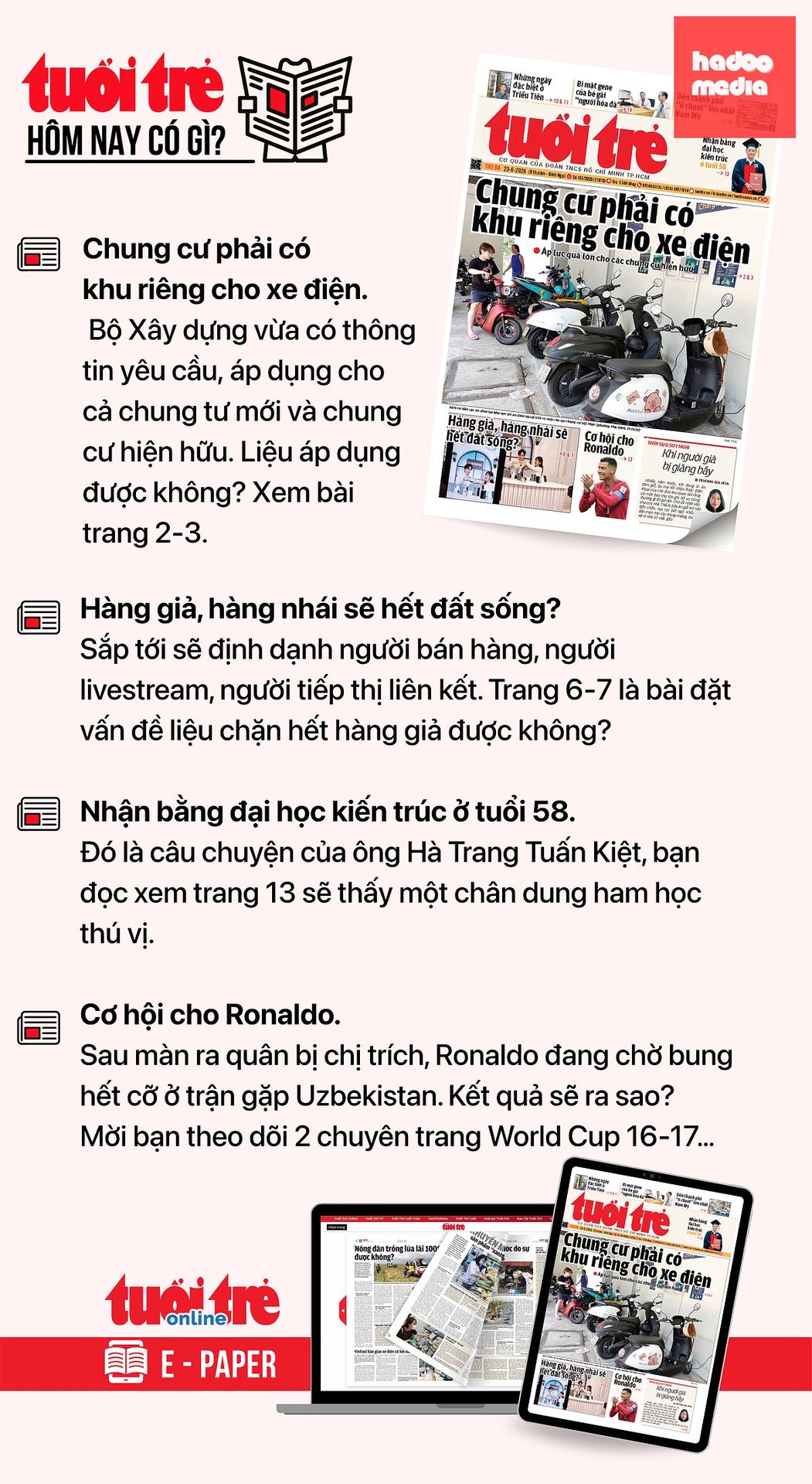 Tin tức chính trên Tuổi Trẻ nhật báo hôm nay 23-6. Để đọc Tuổi Trẻ báo in phiên bản E-paper, mời bạn đăng ký Tuổi Trẻ Sao TẠI ĐÂY