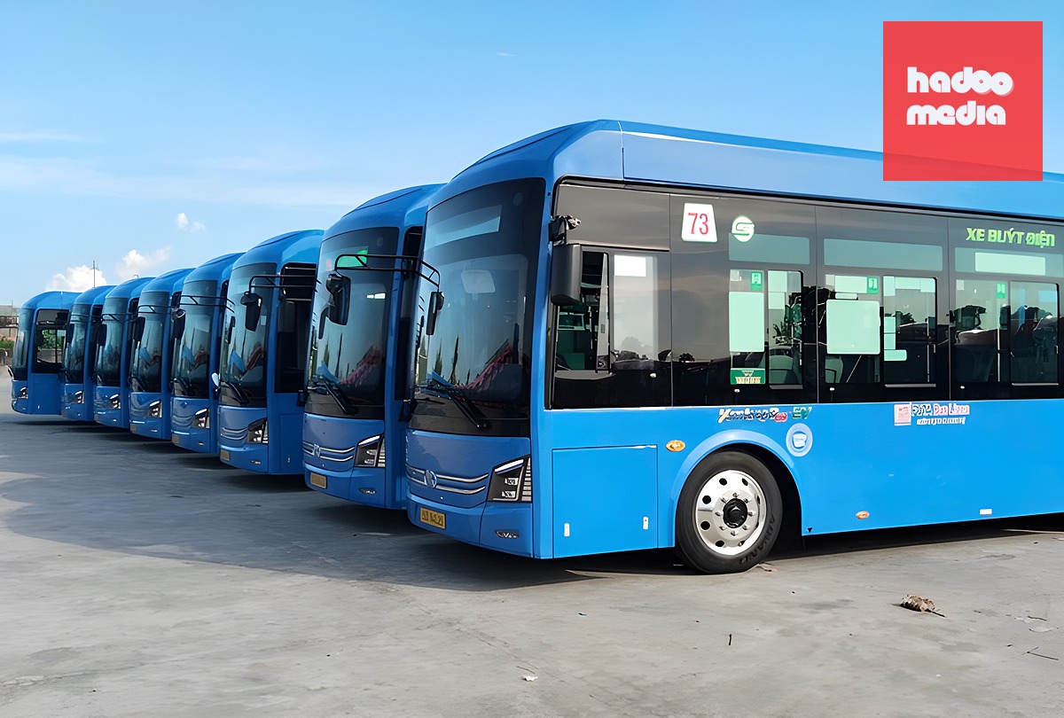 Dàn xe buýt điện mới thuộc tuyến số 73 chuẩn bị đưa vào khai thác. Ảnh: Hạ Giang