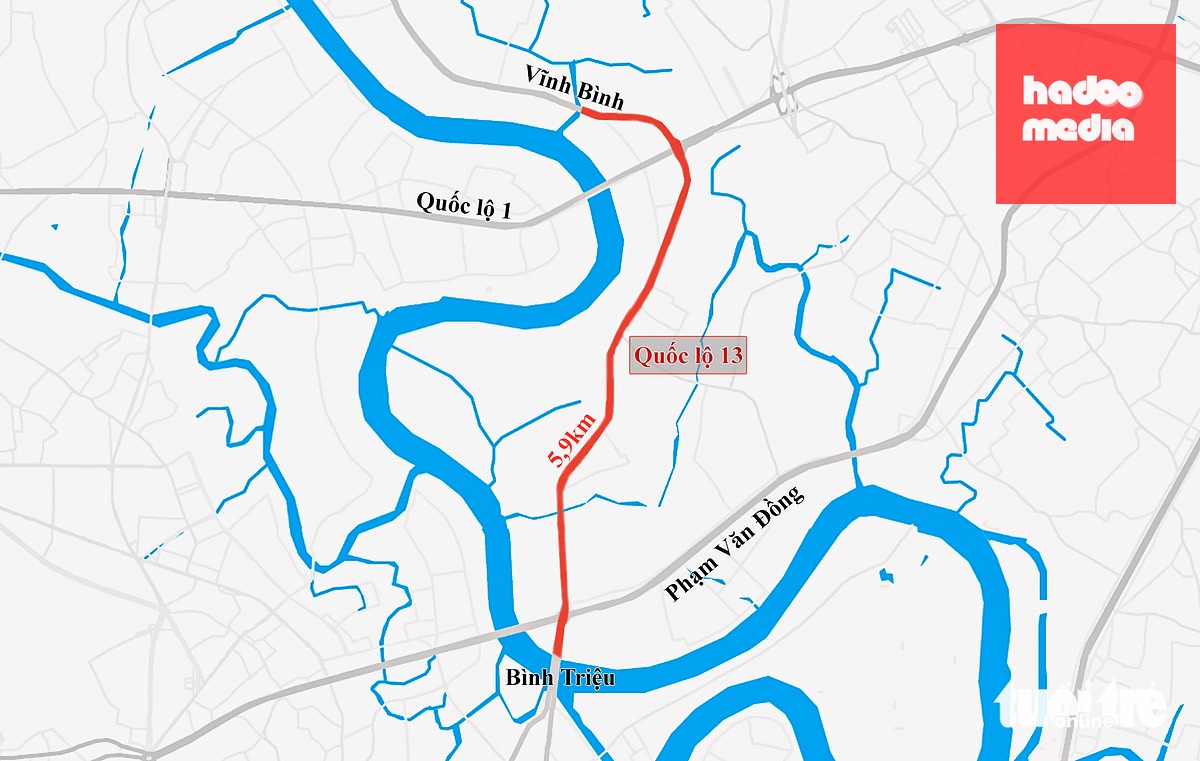 Phạm vi dự án quốc lộ 13 khoảng 6km từ cầu Bình Triệu đến cầu Vĩnh Bình (đường màu đỏ) - Ảnh: CHÂU TUẤN