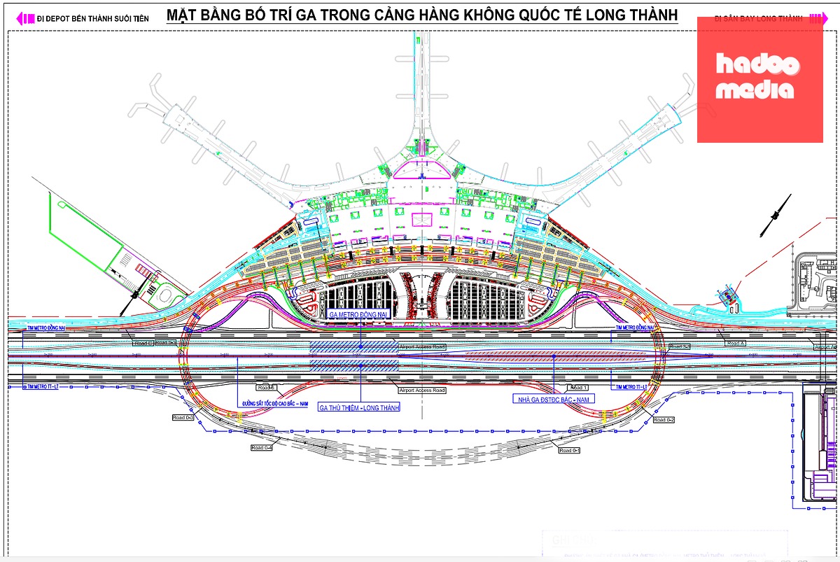 Phương án bố trí 2 ga metro và ga đường sắt tốc độ cao Bắc - Nam trước nhà ga T1 sân bay Long Thành theo đề xuất của UBND TP Đồng Nai - Nguồn: UBND TP Đồng Nai