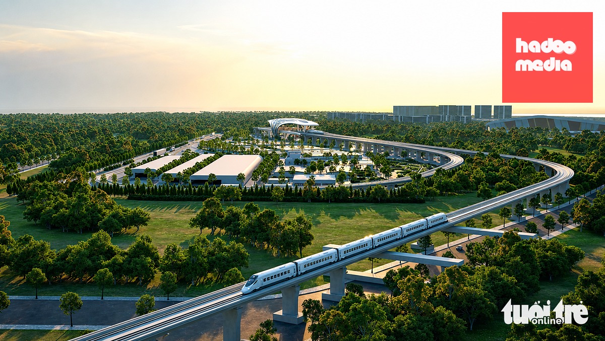 Đường sắt Bến Thành - Cần Giờ dài 54km, có tốc độ thiết kế 350km/h hướng về phía khu đô thị lấn biển Cần Giờ - Ảnh: VinSpeed