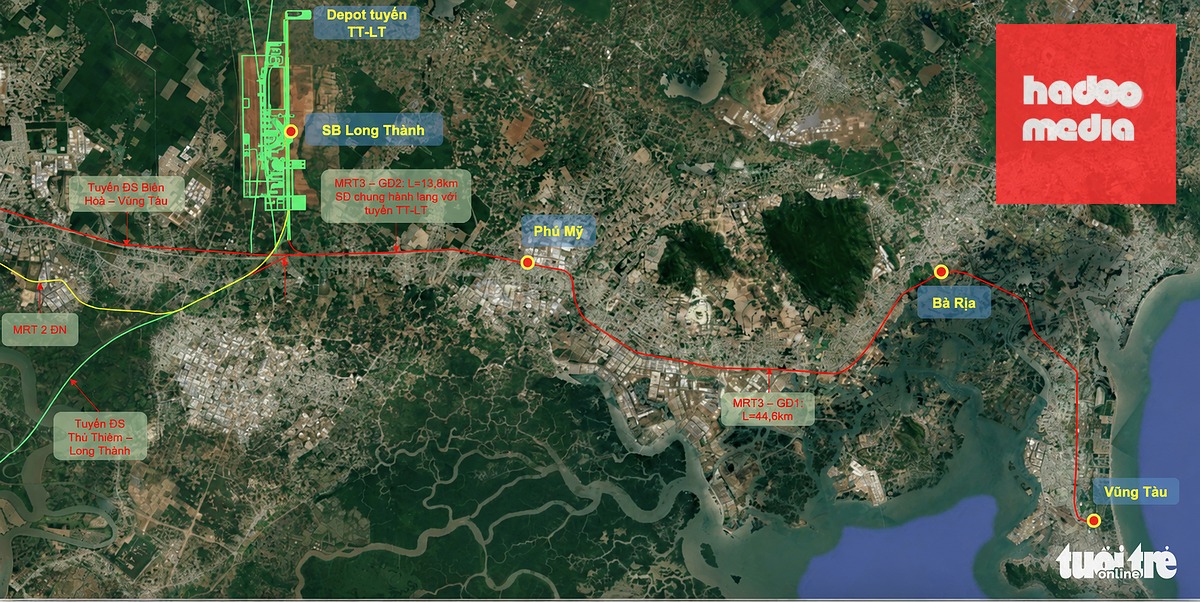 Hướng tuyến metro số 3 Vũng Tàu -  Bà Rịa - Phú Mỹ - Long Thành đang được nghiên cứu - Ảnh: MAUR
