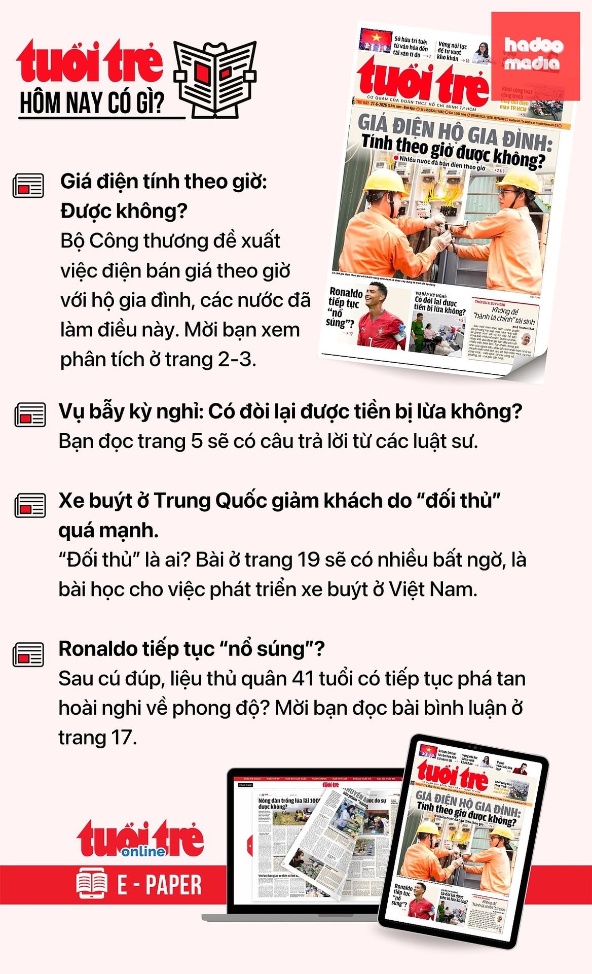Tin tức chính trên Tuổi Trẻ nhật báo hôm nay 27-6. Để đọc Tuổi Trẻ báo in phiên bản E-paper, mời bạn đăng ký Tuổi Trẻ Sao TẠI ĐÂY