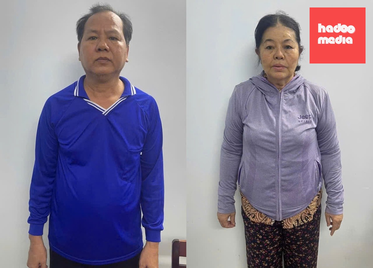 Tô Văn Bé Mười và Nguyễn Thị Hoa tại cơ quan công an - Ảnh: CACC