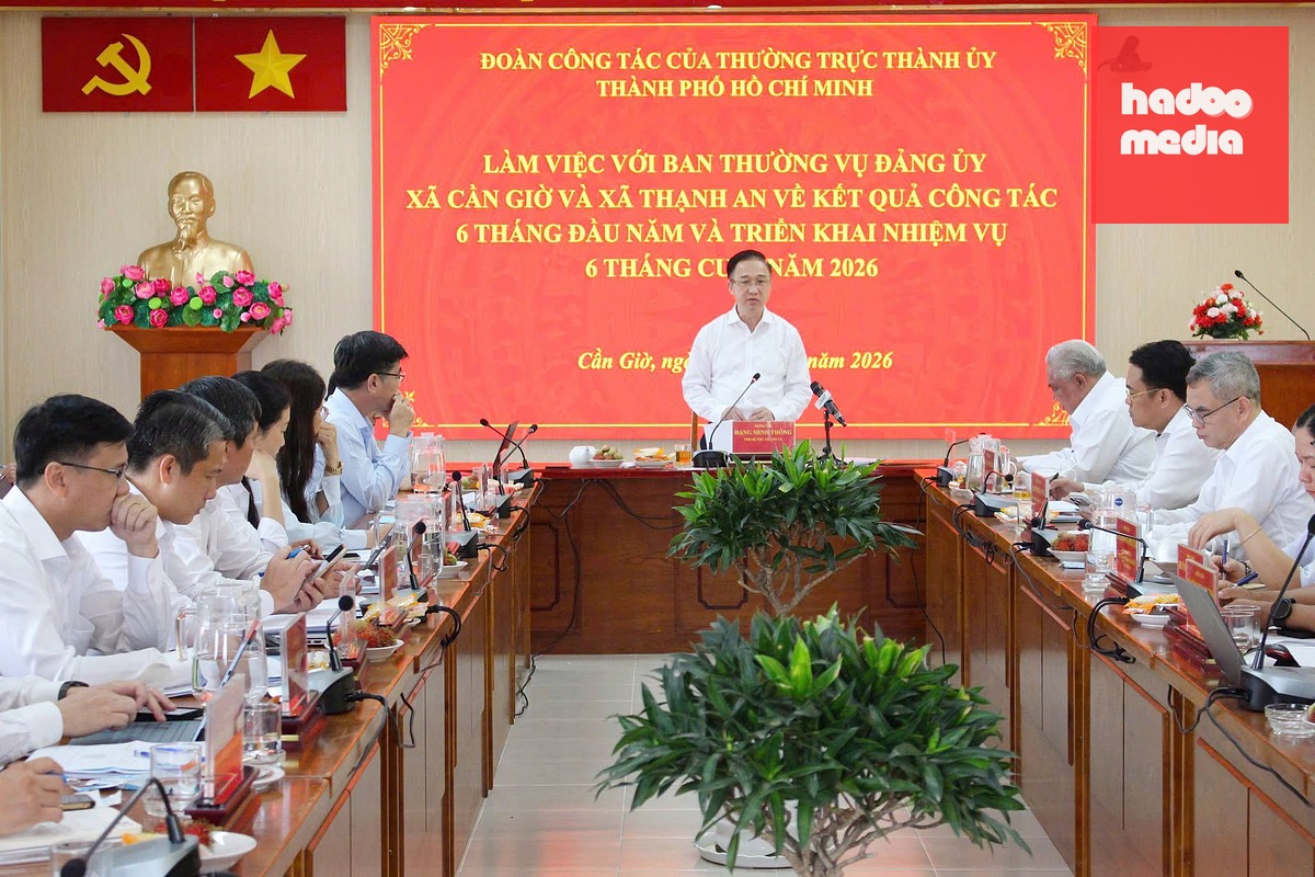 Phó bí thư Thành ủy TP.HCM Đặng Minh Thông chủ trì buổi làm việc của đoàn công tác Thường trực Thành ủy với Ban Thường vụ Đảng ủy xã Cần Giờ và xã Thạnh An - Ảnh: C.G.