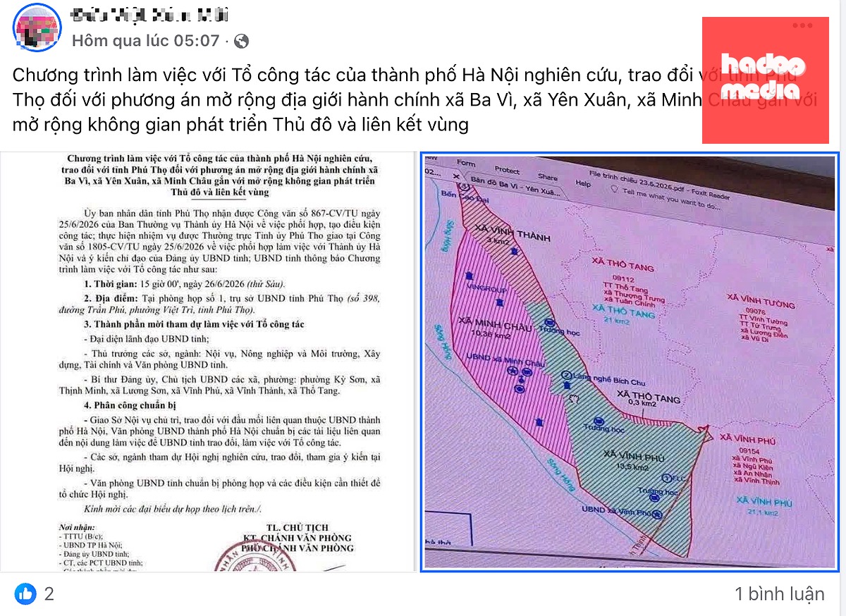 Một bài đăng trên trên mạng xã hội liên quan đến việc Hà Nội đang khảo sát để đề xuất mở rộng địa giới hành chính - Ảnh chụp màn hình