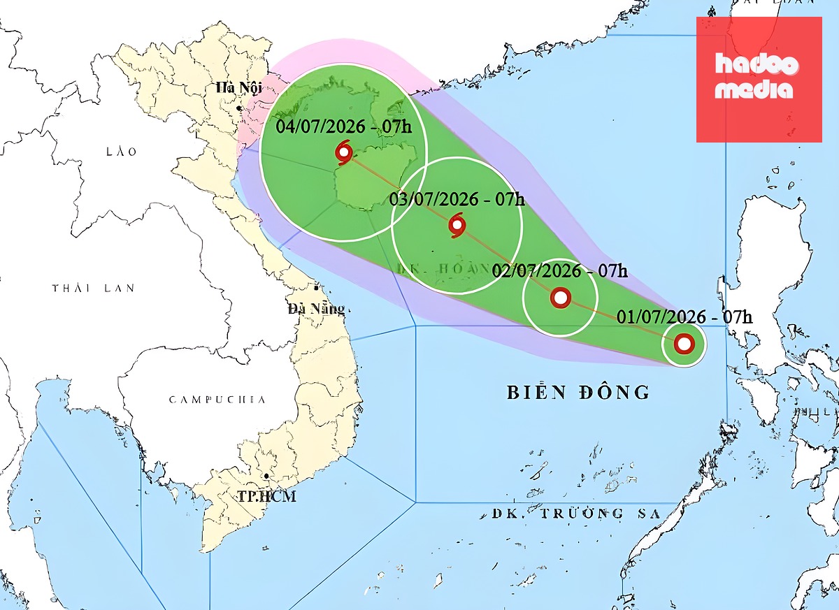 Dự báo hướng đi của áp thấp nhiệt đới ngày 1/7. Ảnh: NCHMF