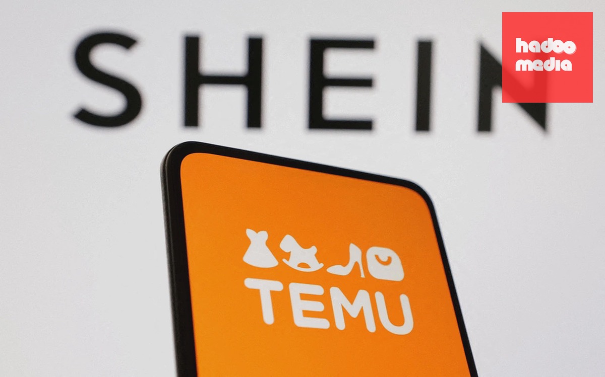 Điện thoại hiển thị logo Temu với phía sau là logo Shein. Ảnh: Reuters