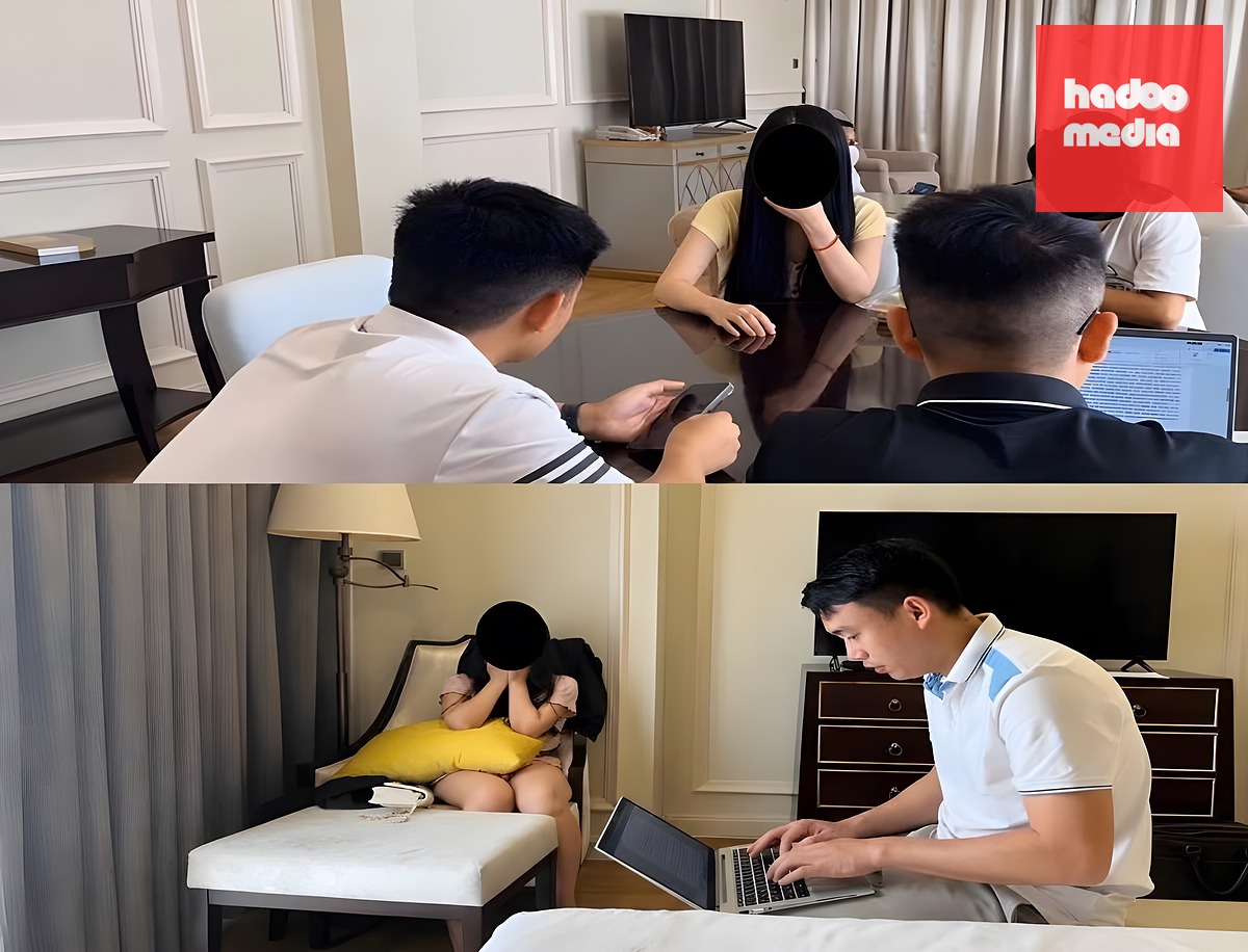 Công an làm việc với những người liên quan đến đường dây môi giới mại dâm - Ảnh: Công an cung cấp