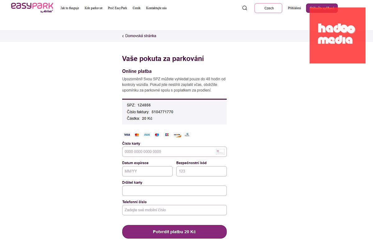 Když uživatel zadá vymyšlenou SPZ, systém okamžitě „najde“ neuhrazený dluh a zobrazí fakturu na 20 korun.