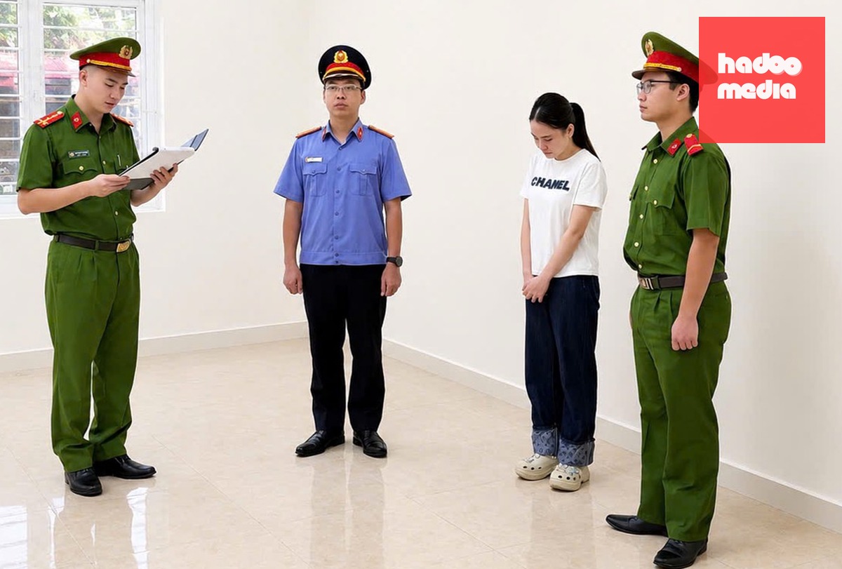 Cơ quan Cảnh sát điều tra tống đạt quyết định và lệnh đối với Phạm Thị Huyền - Ảnh: Công an cung cấp